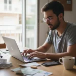 Ένας νέος επαγγελματίας συμπληρώνει τη φορολογική του δήλωση από το σπίτι.