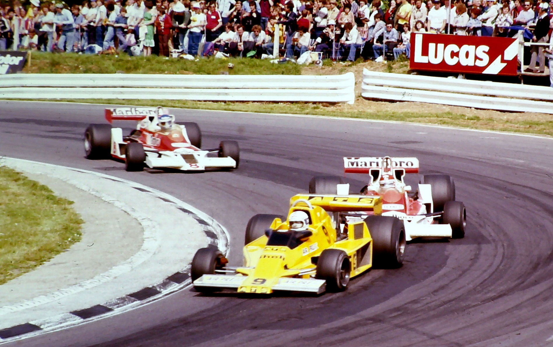 Jochen Mass - ATS HS1 leads Bruno Giacomelli - Mclaren M26 & PatrickTambay - Mclaren M26 at Druids at the 1978 British Grand Prix