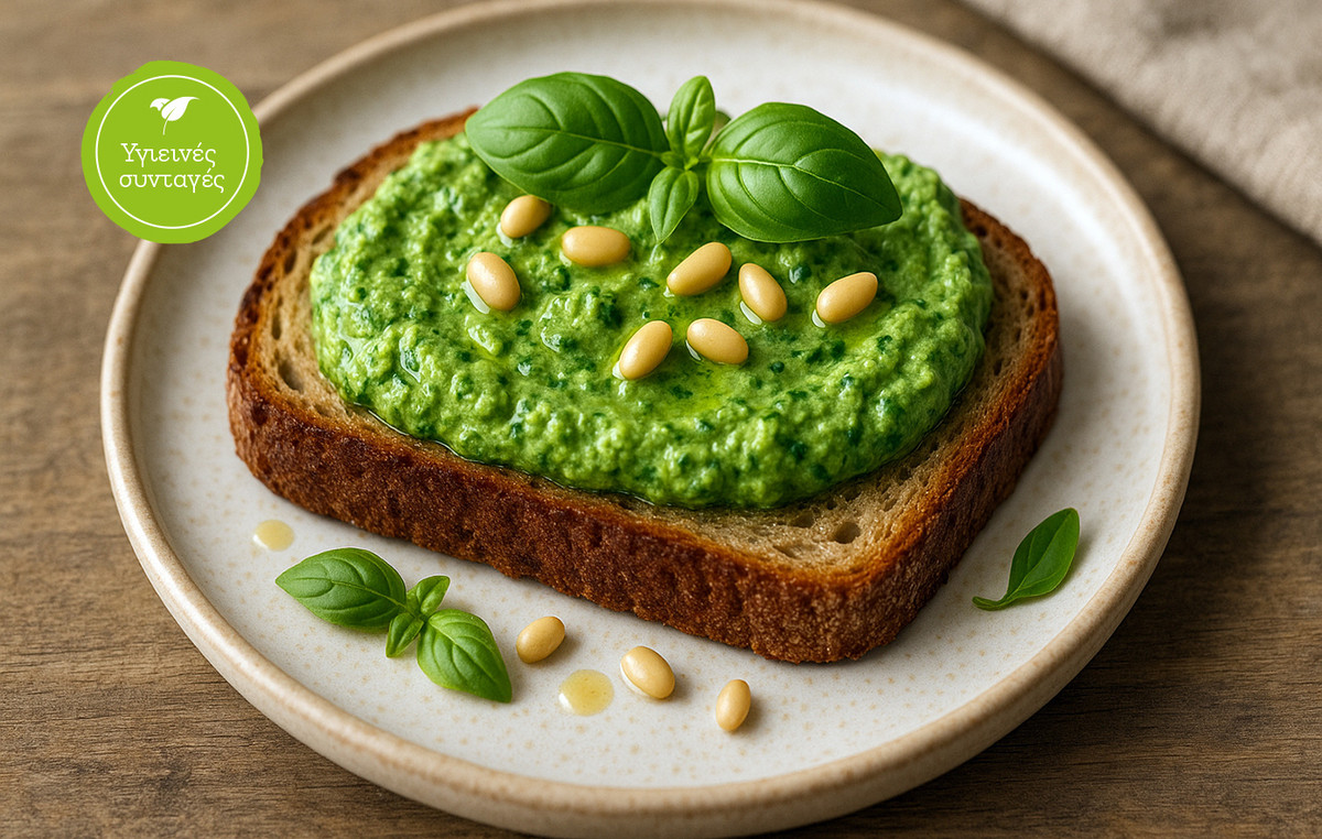 Χειροποίητο πέστο πάνω σε ψημένο ψωμί