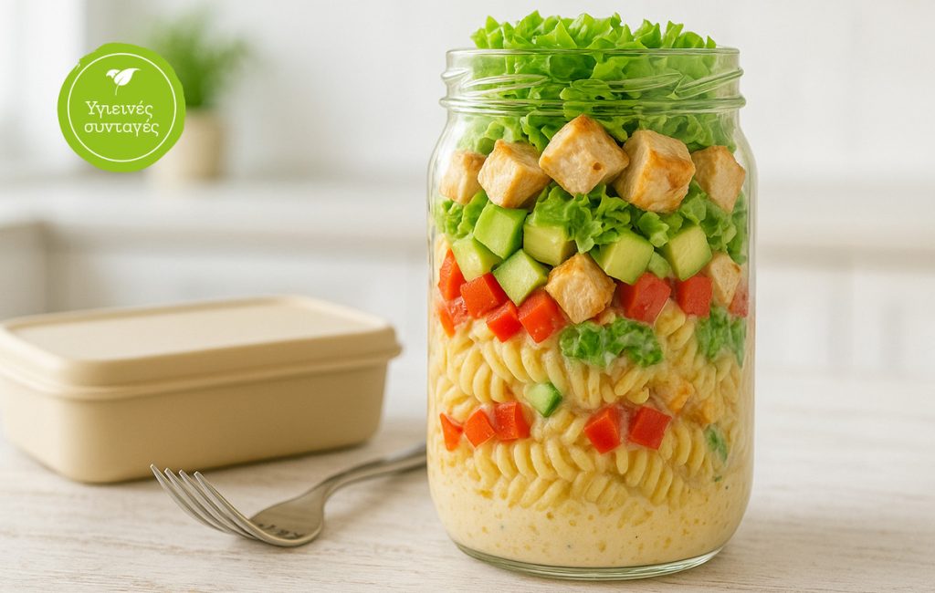 Πρωτεϊνική μακαρονοσαλάτα σε βάζο (ιδανικό γεύμα για τη δουλειά)