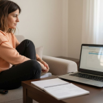 Γυναίκα που χρησιμοποιεί laptop για είσοδο στον ηλεκτρονικό λογαριασμό της