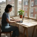 Γυναίκα εργάζεται εξ αποστάσεως από το γραφείο του σπιτιού της, απολαμβάνοντας το φως του ήλιου που μπαίνει από το παράθυρο.