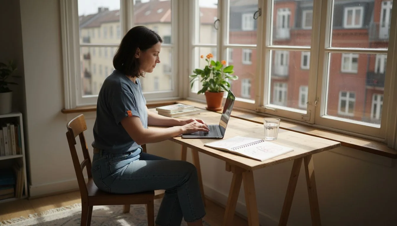 Γυναίκα εργάζεται εξ αποστάσεως από το γραφείο του σπιτιού της, απολαμβάνοντας το φως του ήλιου που μπαίνει από το παράθυρο.