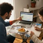 Ένα ζευγάρι κάθεται μπροστά στον υπολογιστή και ψάχνει αγγελίες για ενοικιαζόμενο διαμέρισμα.