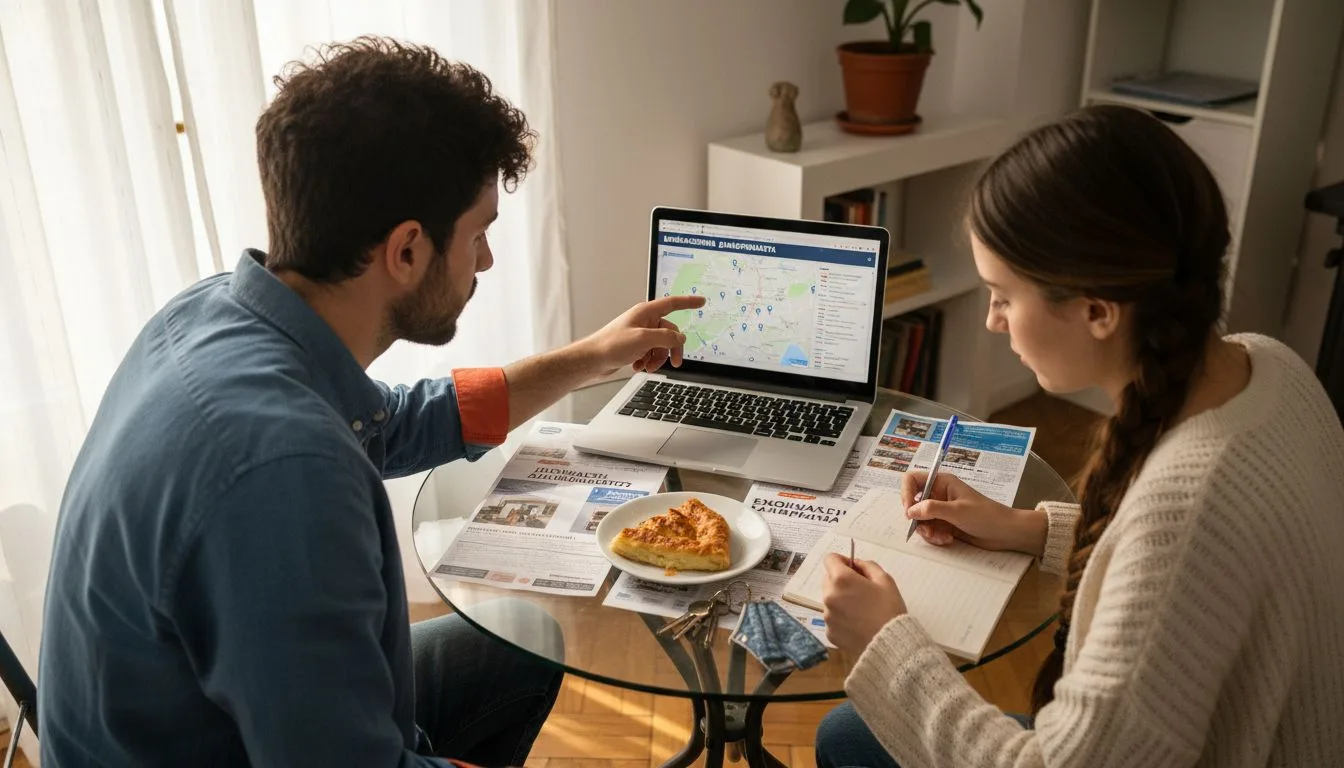 Ένα ζευγάρι κάθεται μπροστά στον υπολογιστή και ψάχνει αγγελίες για ενοικιαζόμενο διαμέρισμα.