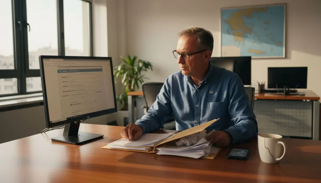 Ένας άντρας κάθεται στο γραφείο του και συμπληρώνει ηλεκτρονικά τη φορολογική του δήλωση μέσω taxisnet.