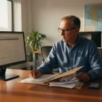 Ένας άντρας κάθεται στο γραφείο του και συμπληρώνει ηλεκτρονικά τη φορολογική του δήλωση μέσω taxisnet.