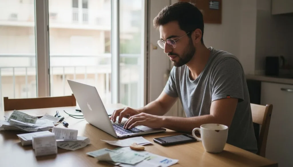 Ένας νέος επαγγελματίας συμπληρώνει τη φορολογική του δήλωση από το σπίτι.