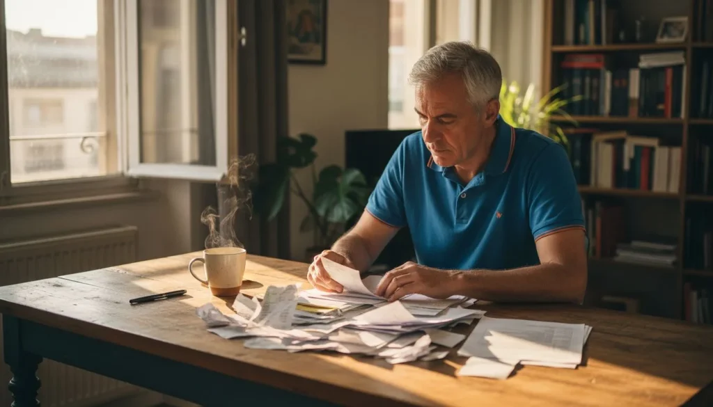 Ένας άνδρας κάθεται στο σπίτι του και τακτοποιεί τα φορολογικά του χαρτιά.