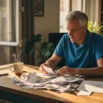 Ένας άνδρας κάθεται στο σπίτι του και τακτοποιεί τα φορολογικά του χαρτιά.