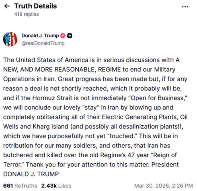 Αυστηρή προειδοποίηση Τραμπ προς το Ιράν: Αν δεν υπάρξει συμφωνία, θα ανατινάξουμε τους σταθμούς ηλεκτρικής ενέργειας, τις πετρελαιοπηγές τους και το νησί Χαργκ